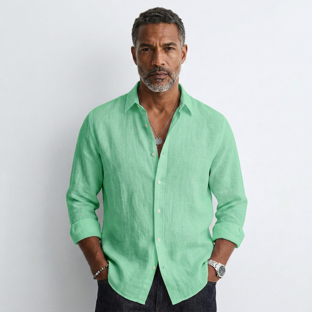 Light green button-up shirt with spread collar and long sleeves