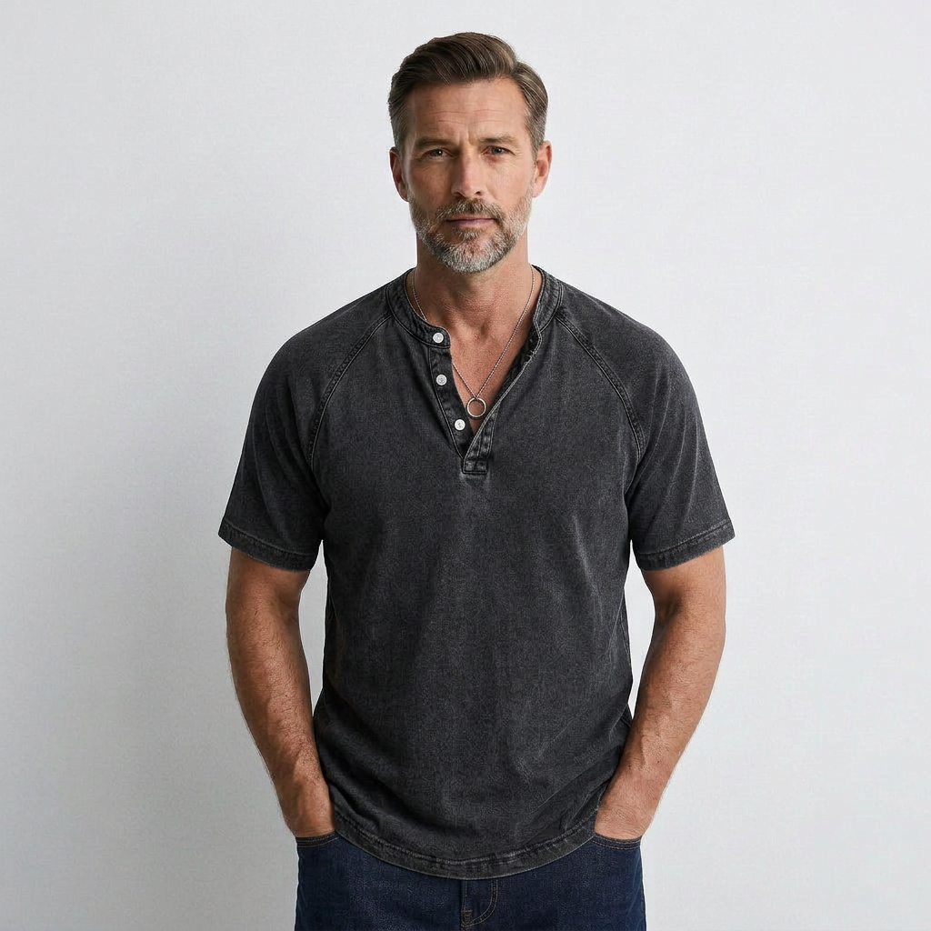 Men's vintage henley button T-shirt in dark charcoal gray, short sleeves