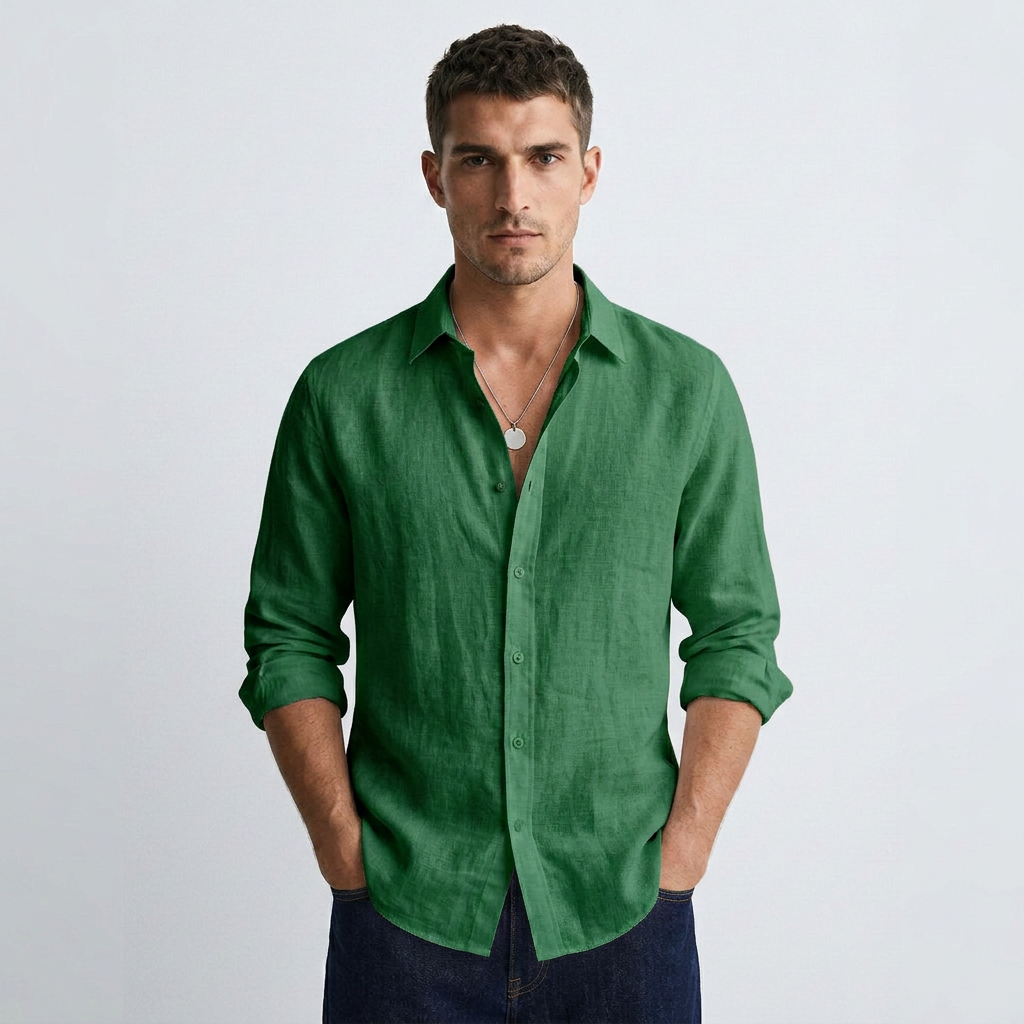 Dark green button-down linen shirt with long sleeves and open collar