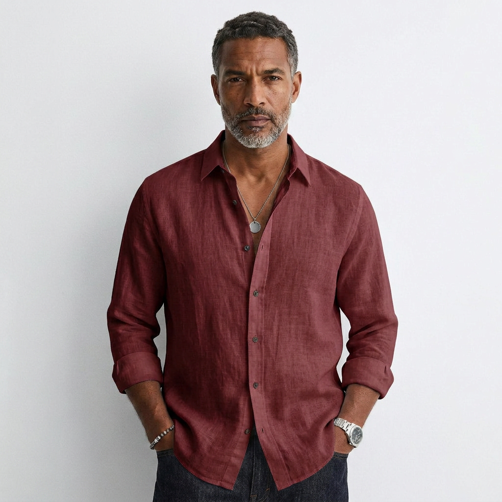 Men's button-up shirt, long sleeves, burgundy maroon