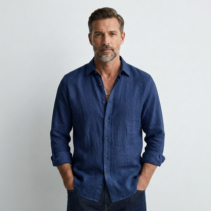 Dark blue button-front long-sleeve shirt with pointed collar and single chest placket