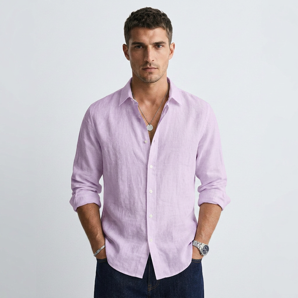 Men's lilac breathable button-up shirt with long sleeves and open collar