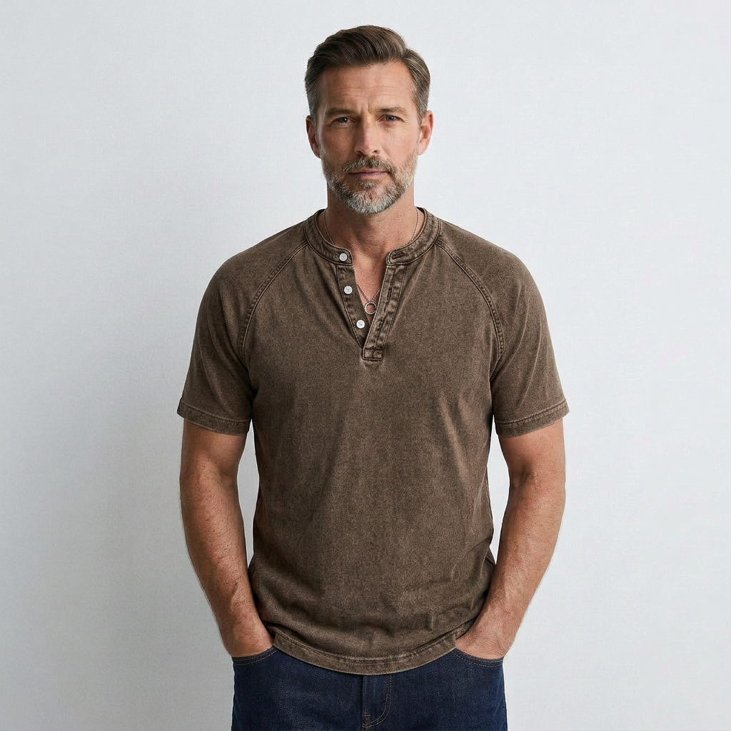 Brown men’s vintage button-up t-shirt with short sleeves and front button placket
