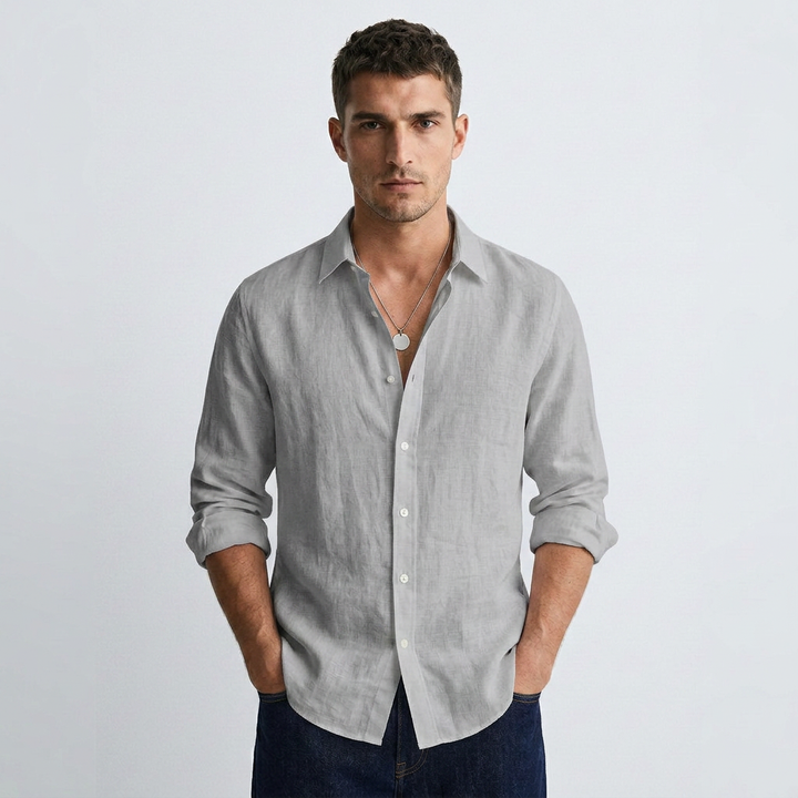 Gray breathable button-down shirt with long sleeves and front button placket