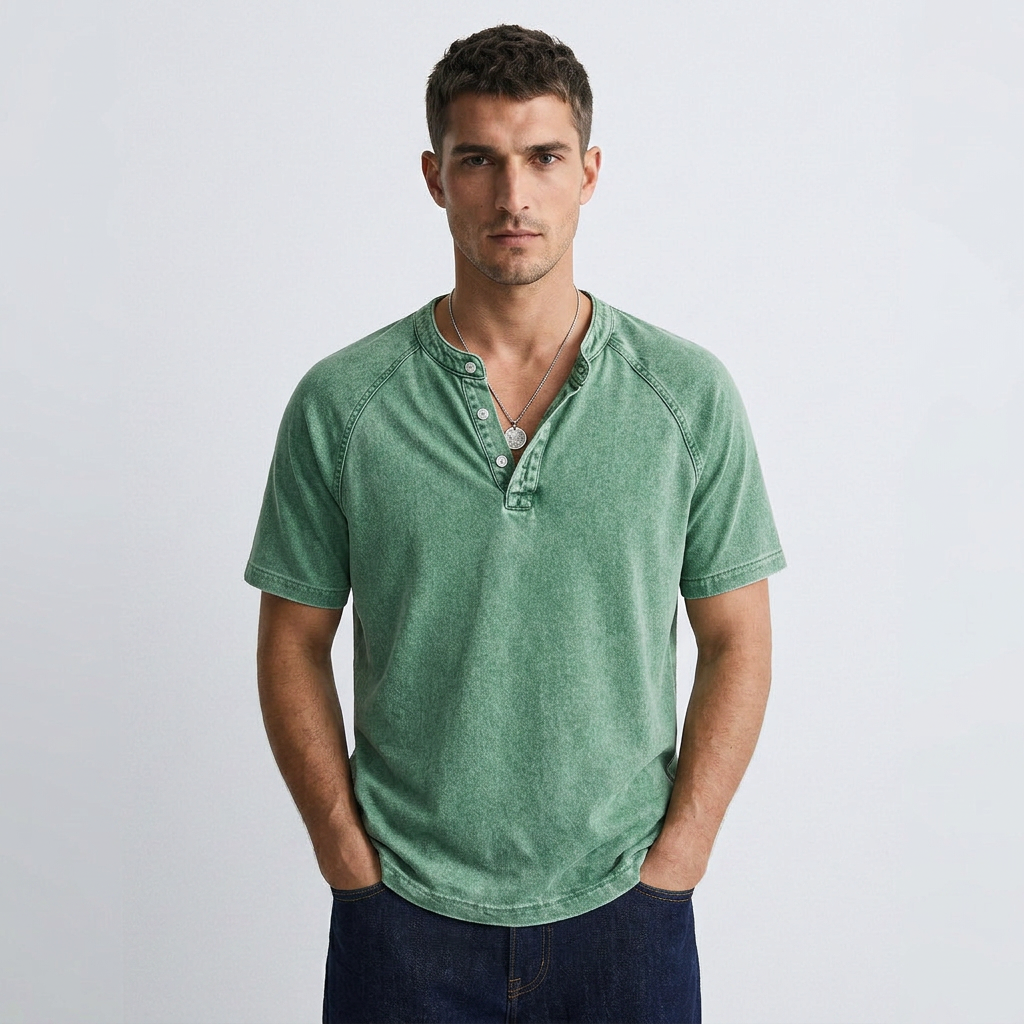 Men's green vintage henley T-shirt with front buttons, short sleeves
