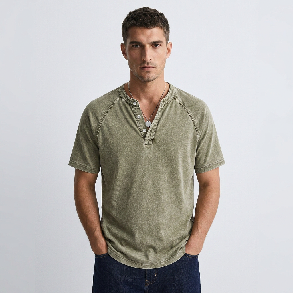 Men's vintage button-up T-shirt, olive green henley with 3-button placket