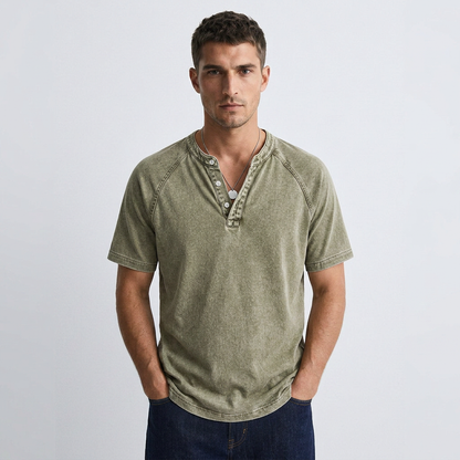 Men's vintage button-up T-shirt, olive green henley with 3-button placket