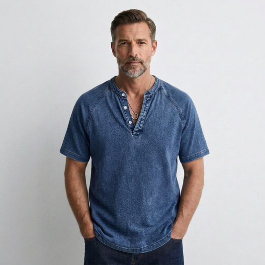 Men's vintage button t-shirt in dark blue, short sleeves with henley placket
