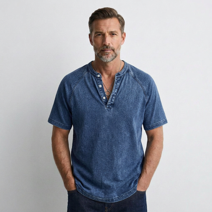 Men’s vintage button henley T-shirt, dark blue, short sleeves, 3-button placket