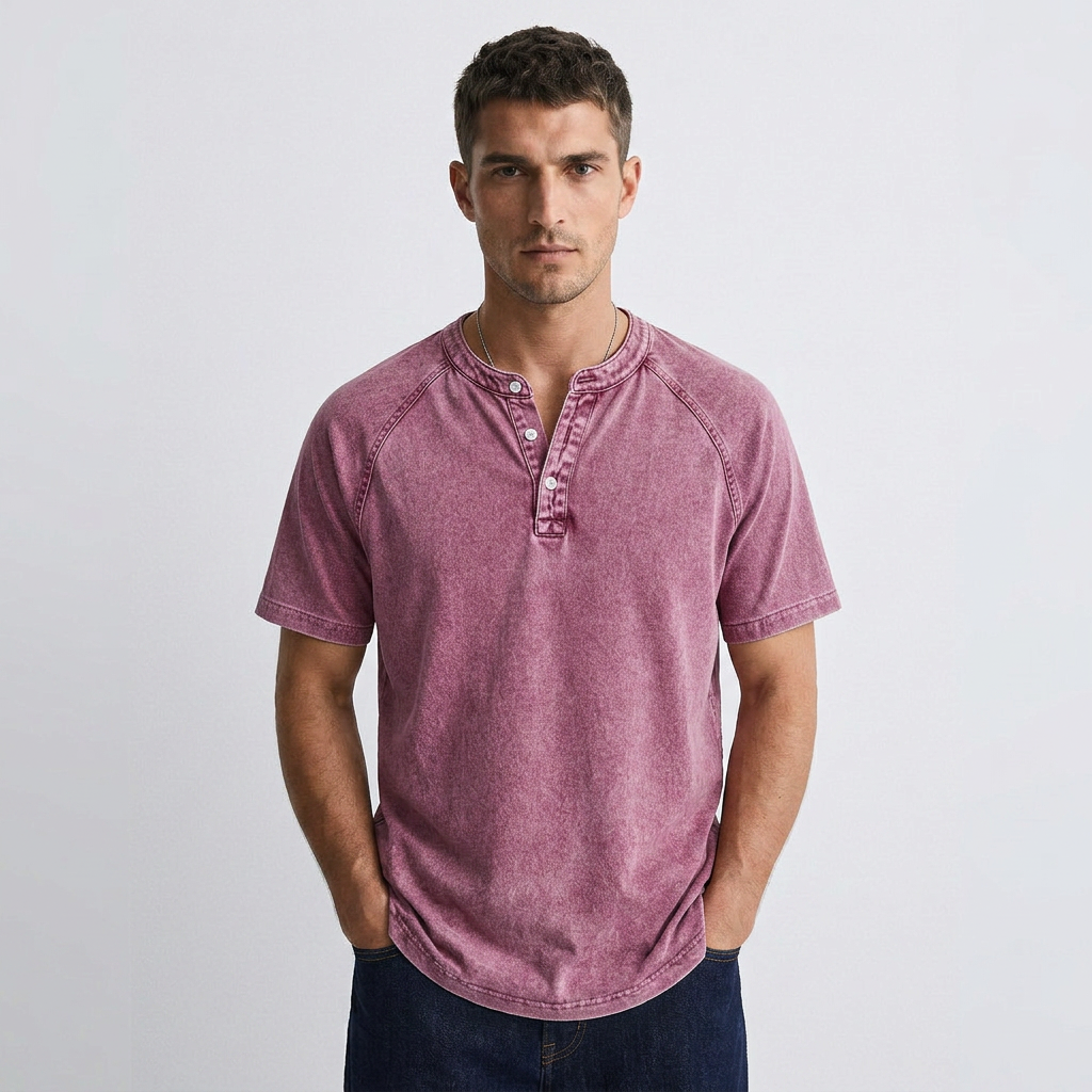 Men's vintage buttoned T-shirt, pink short-sleeve henley with button placket