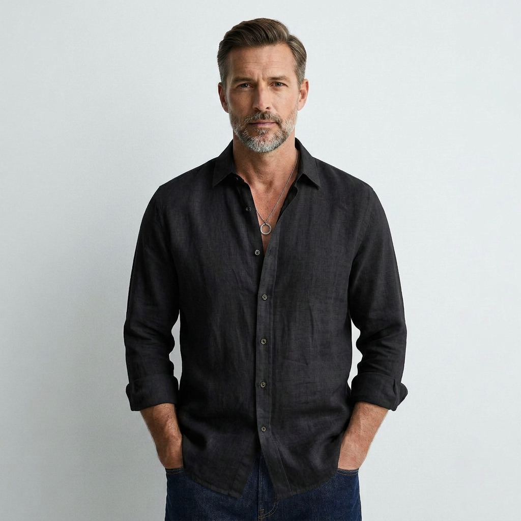Black long-sleeve button-up shirt with spread collar and front placket buttons