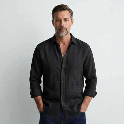 Black long-sleeve button-up shirt with spread collar and front placket buttons