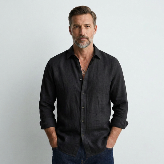 Black long-sleeve button-up shirt with spread collar and front placket buttons