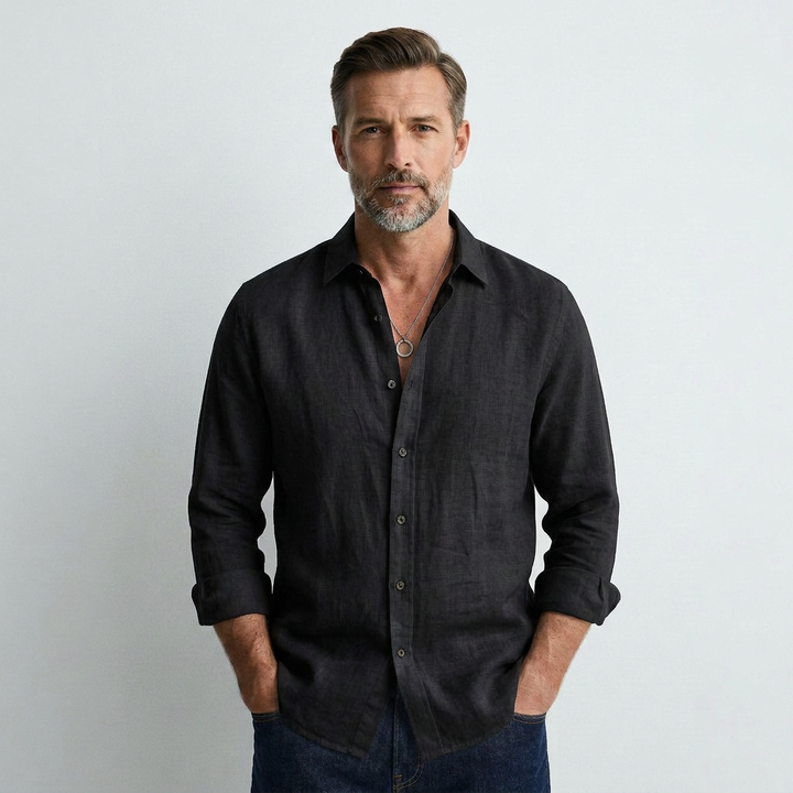 Black long-sleeve button-up shirt with spread collar and front placket buttons