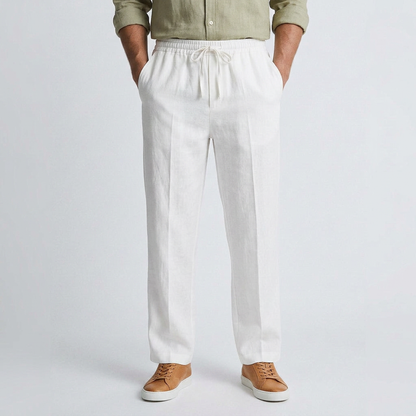 White linen fluid pants with elastic drawstring waist and relaxed straight legs