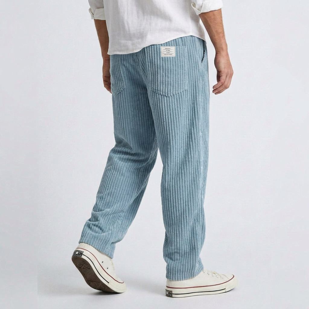 Light blue wide-leg corduroy pants with vertical ribbed texture and side pockets