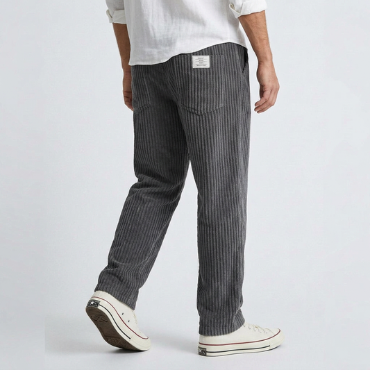 Dark gray wide-leg corduroy pants with vertical ribs and back yoke seam