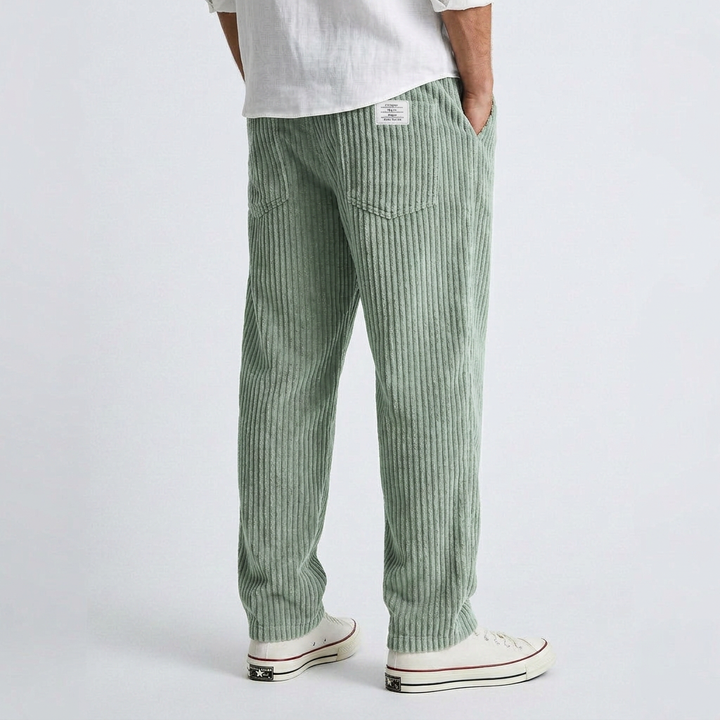 Light green wide corduroy pants with vertical ribs, relaxed fit, ankle length.