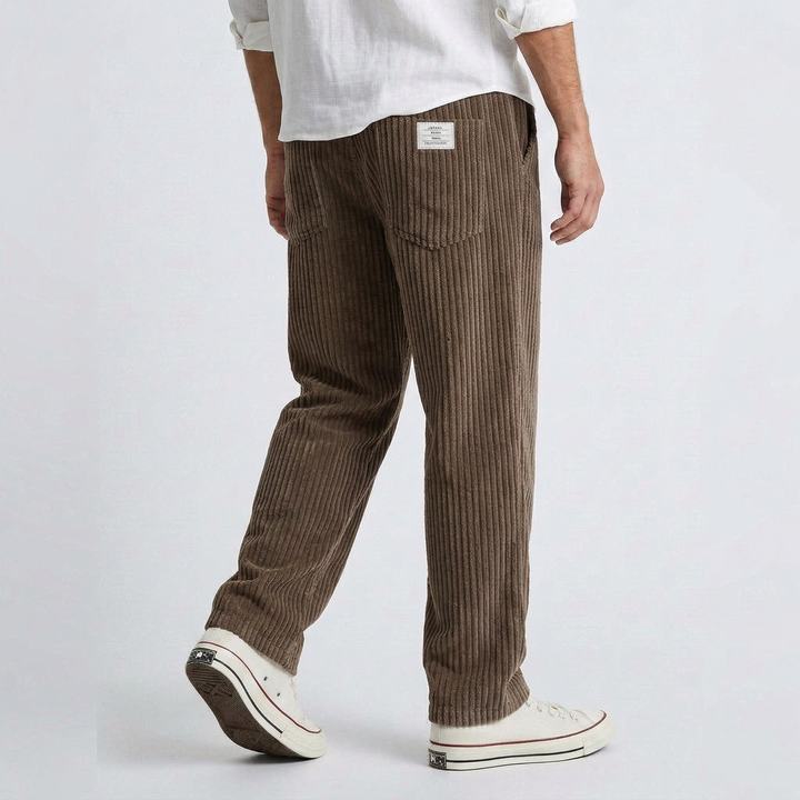 Wide brown corduroy pants with straight-leg silhouette and front pockets
