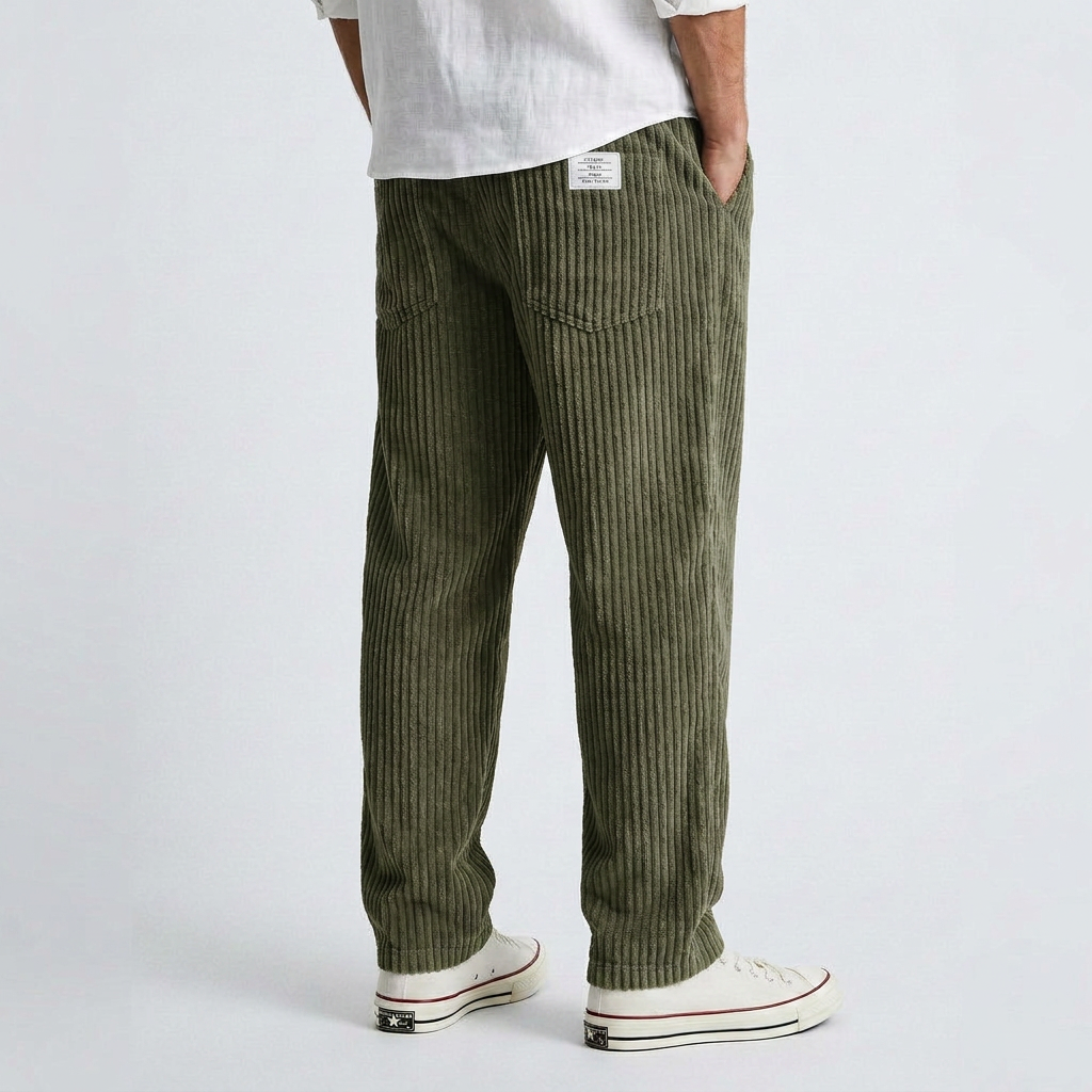 Khaki wide corduroy pants with vertical ribs, full-length