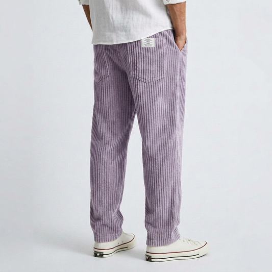 Purple wide corduroy pants with vertical rib texture, relaxed straight leg, ankle hem