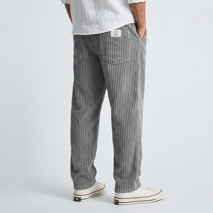 Gray wide-corduroy pants with vertical ribbed texture, relaxed fit and side pockets