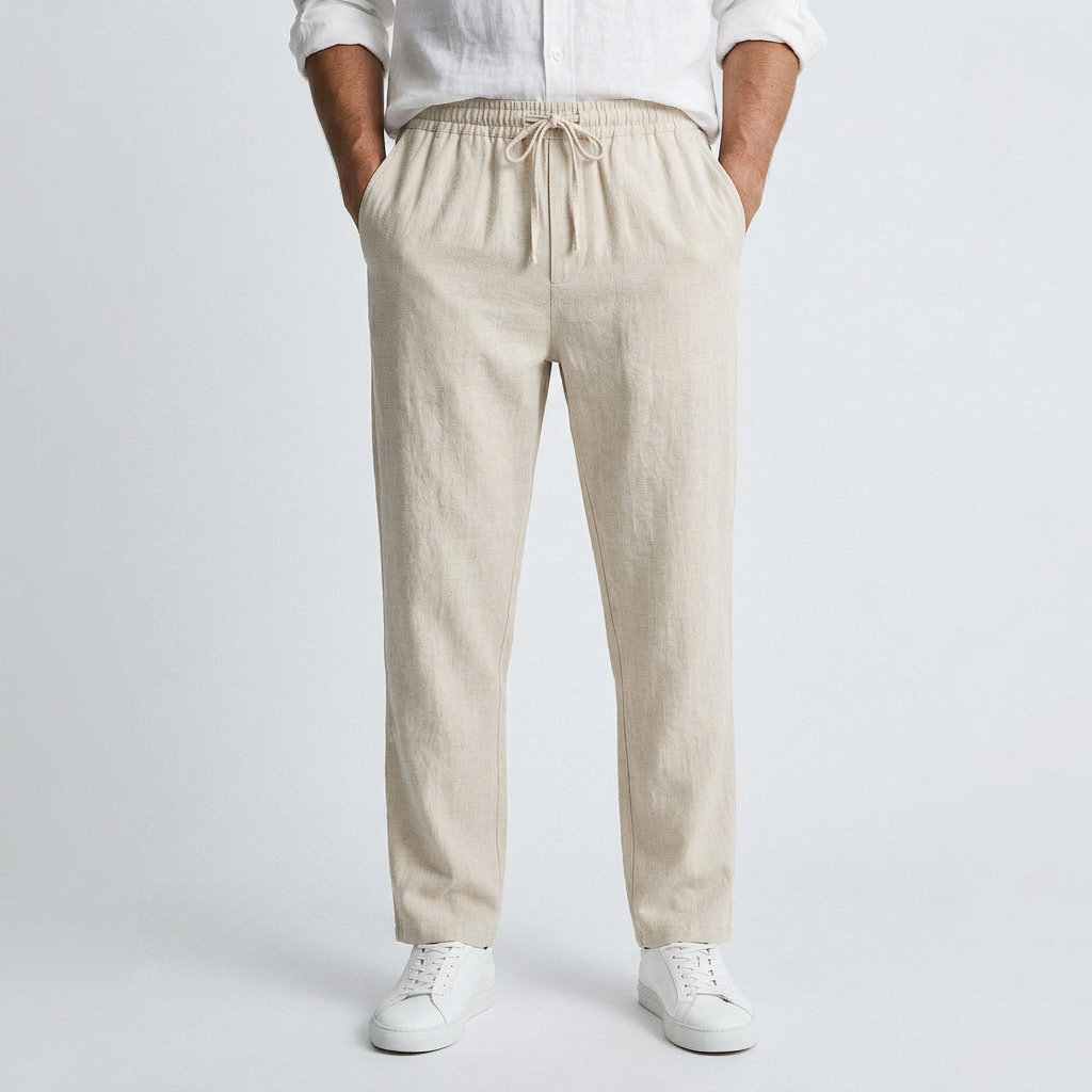 Beige linen pants with elastic drawstring waist and relaxed straight legs