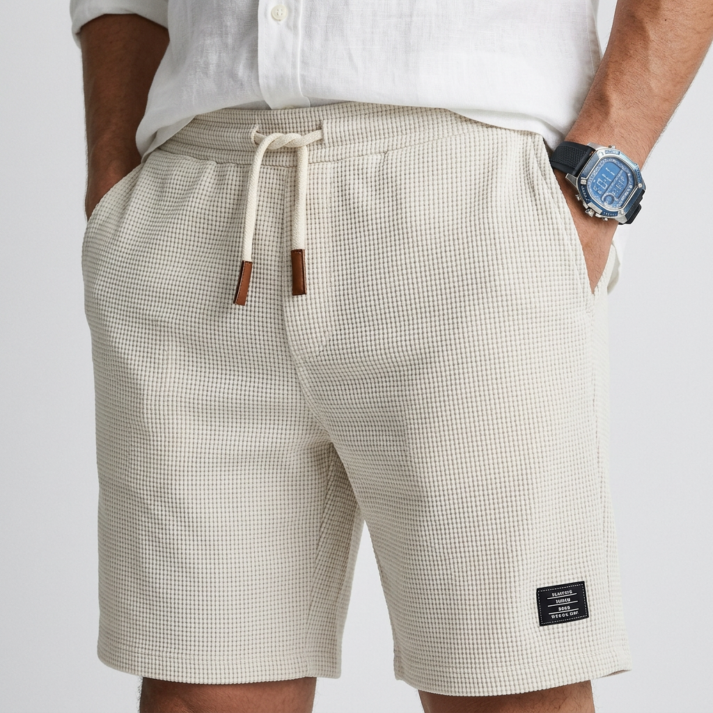 Casual textured knit shorts, white with small check pattern, elastic waist and drawstring.