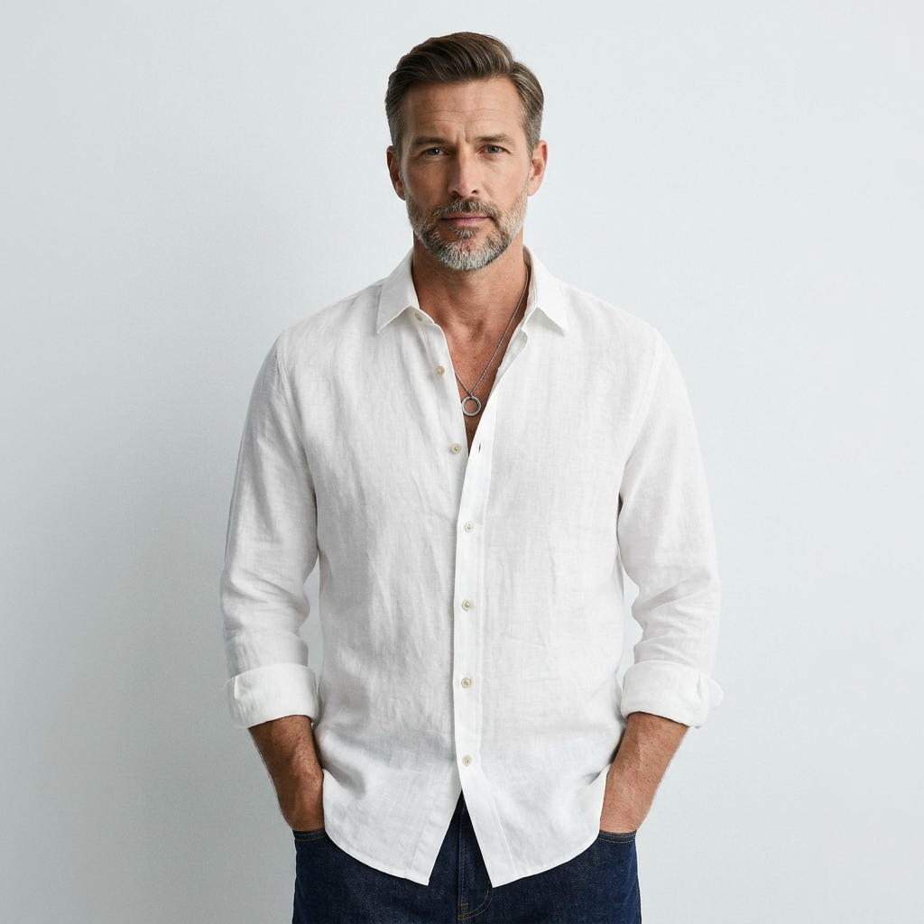White breathable button-down shirt with long sleeves and front button placket