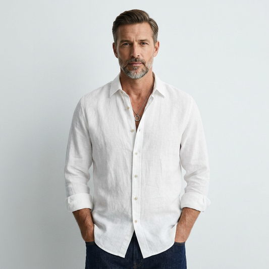 White breathable button-down shirt with long sleeves and front button placket