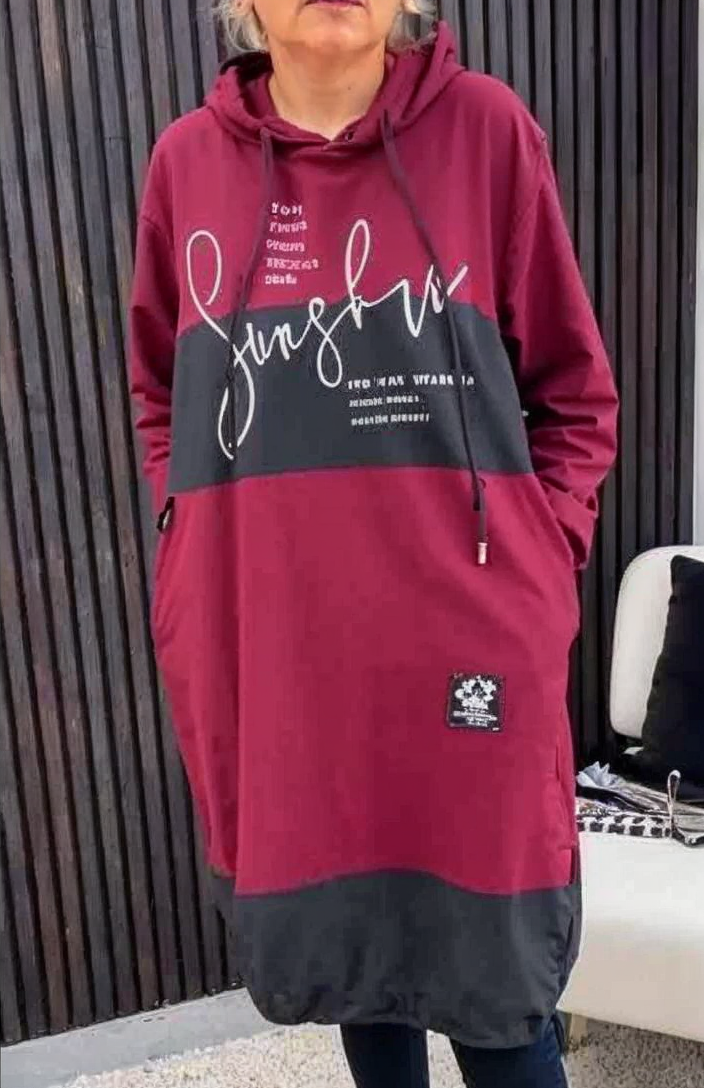 Burgundy casual hooded dress with long sleeves, front graphic panel, drawstring hood