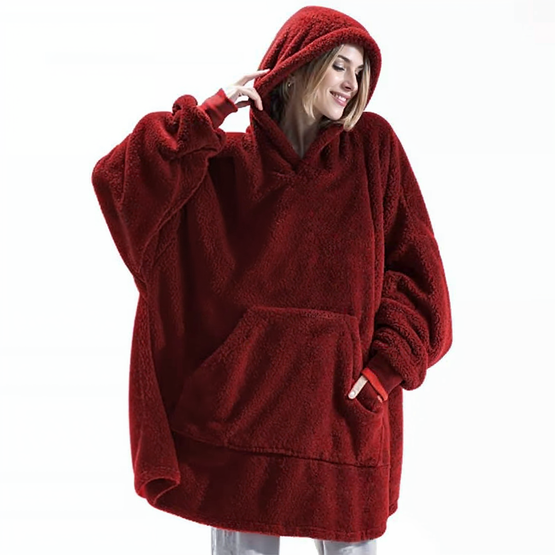 Burgundy fleece-lined oversized hoodie with hood and front kangaroo pocket.