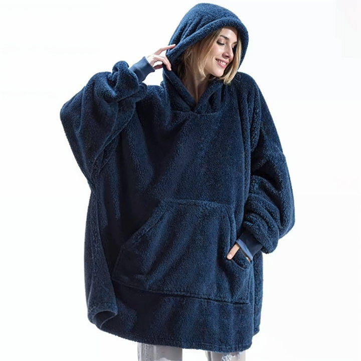 Navy fleece-lined oversized hoodie with hood and front kangaroo pocket, relaxed fit.