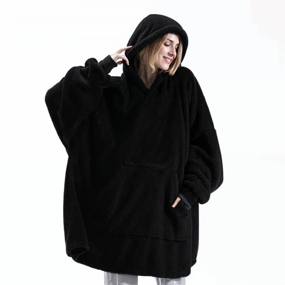 Black fleece-lined oversized hoodie with hood and front kangaroo pocket.