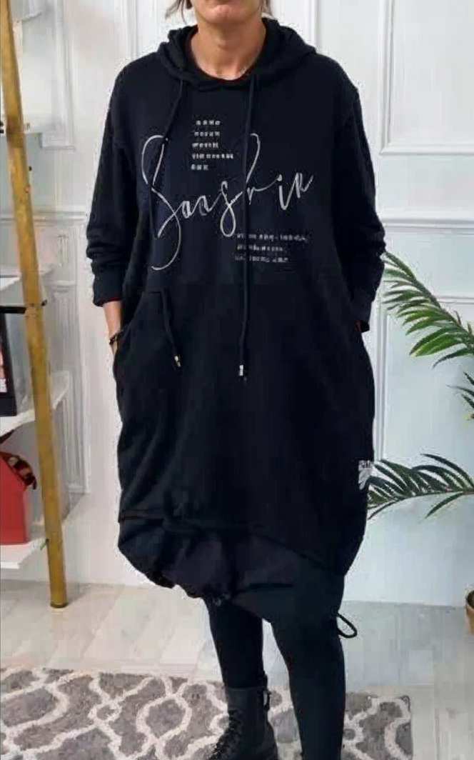 Black casual hooded dress with long sleeves, front zip and drawstring hood
