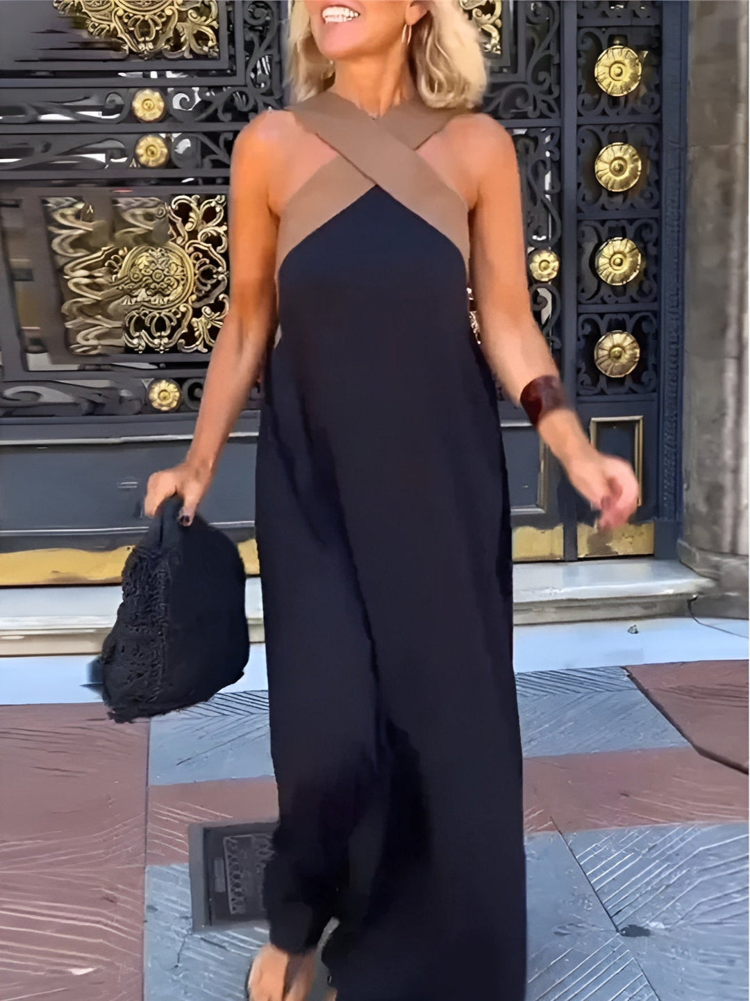 Dark crossed halter maxi dress, sleeveless with crisscross strap neckline