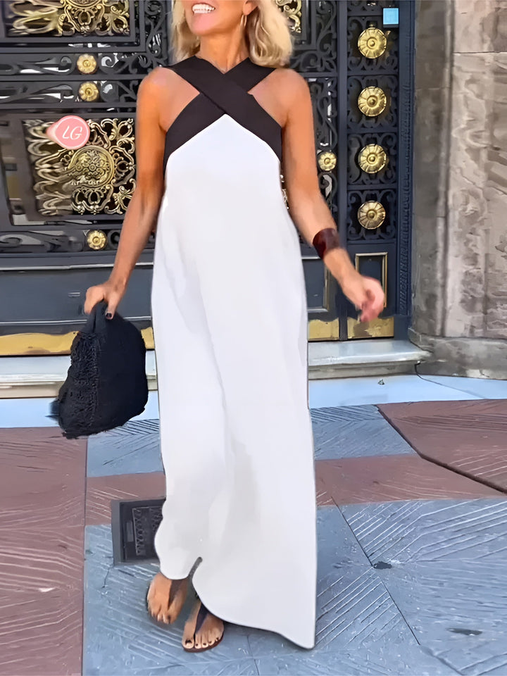 White crossed halter maxi dress, sleeveless with crisscross strap neckline