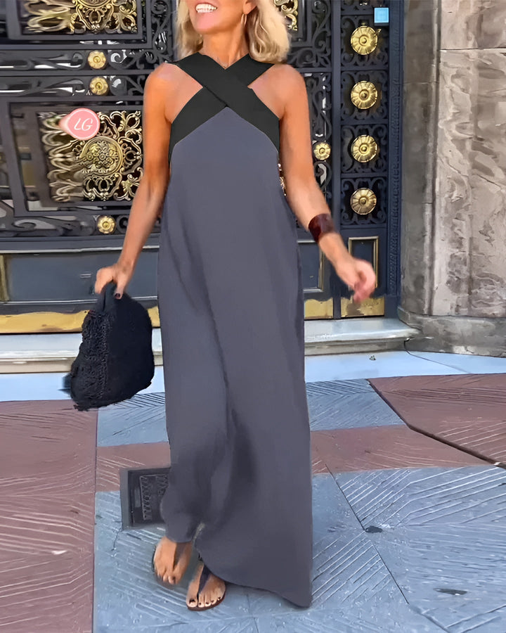 Dark crossed halter maxi dress, sleeveless with crisscross neckline straps