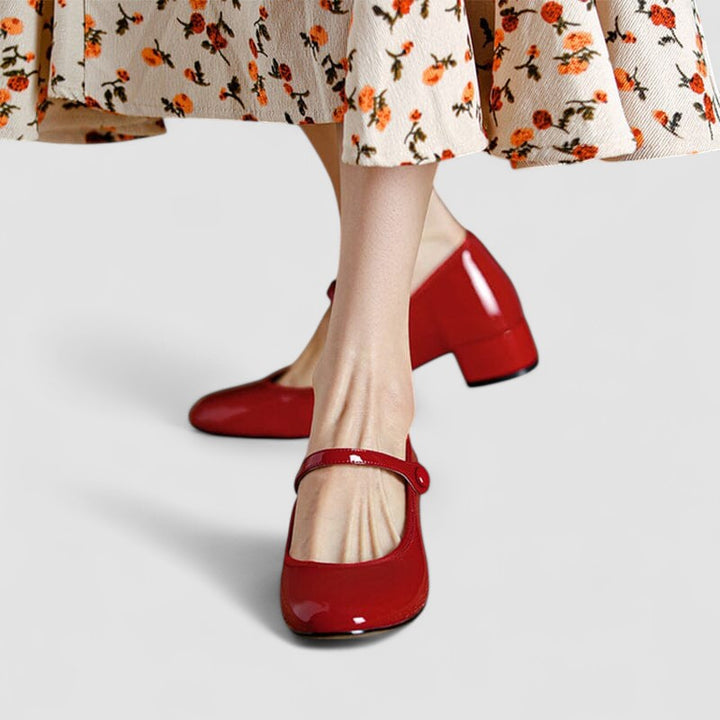 Red Mary Jane shoes with ankle strap and mid block heel