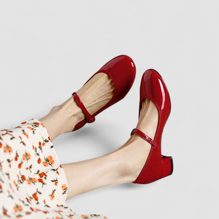 Red Mary Jane orthopedic shoes with ankle strap and low block heel