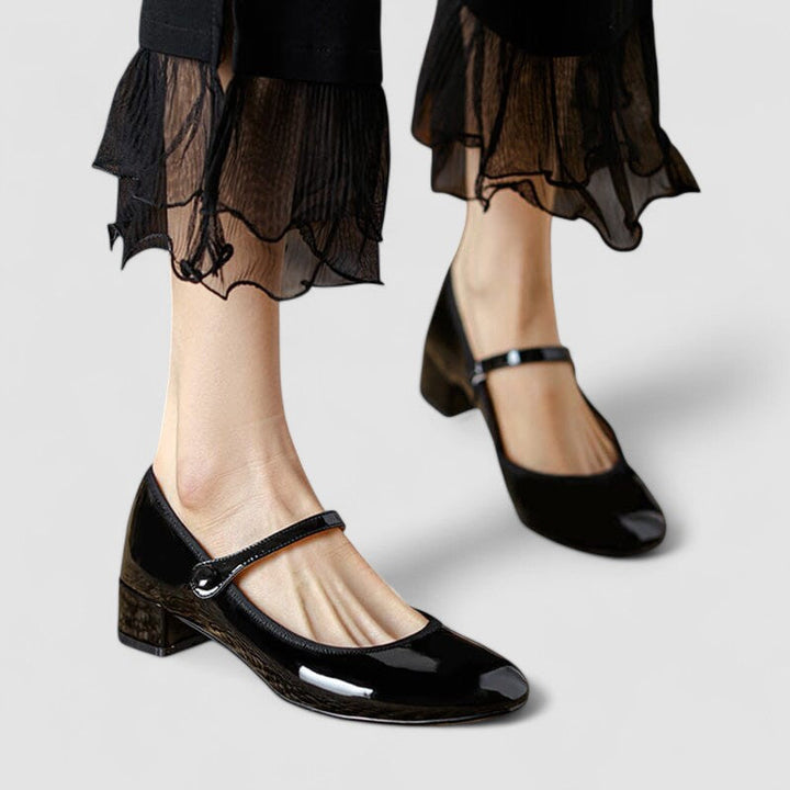 Black Mary Jane orthopedic shoes with ankle strap and chunky block heel