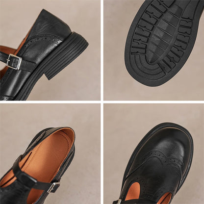 Black leather Mary Jane details: buckle strap, heel view, and textured outsole tread.