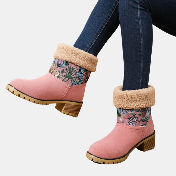 Ankle boots in pink with floral fabric cuff, cream sherpa lining, block heel