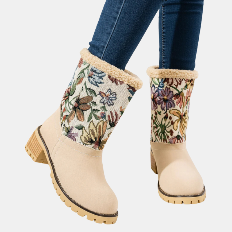 Ankle boots in beige with floral fabric shaft, cream sherpa cuff, block heel
