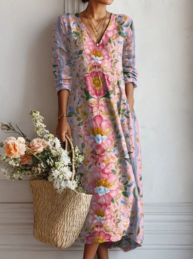 Floral print everyday comfort dress, pink V-neck with 3/4 sleeves, midi length