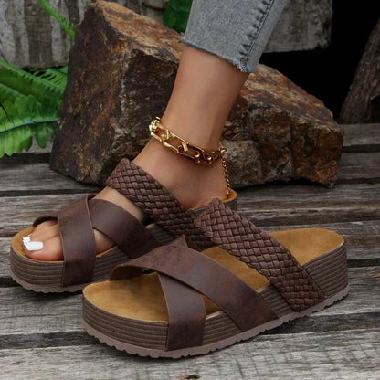 Orthopedic sandals, woven dark brown strap, open toe, cushioned platform wedge
