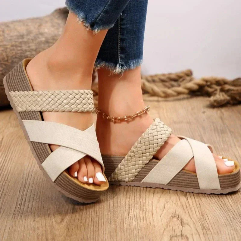Orthopedic sandals, woven beige uppers, white crisscross straps, cushioned wedge sole