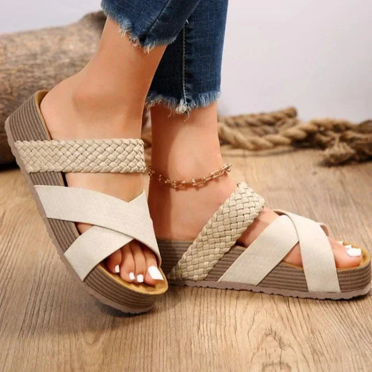 Orthopedic sandals, woven beige uppers, white crisscross straps, cushioned wedge sole