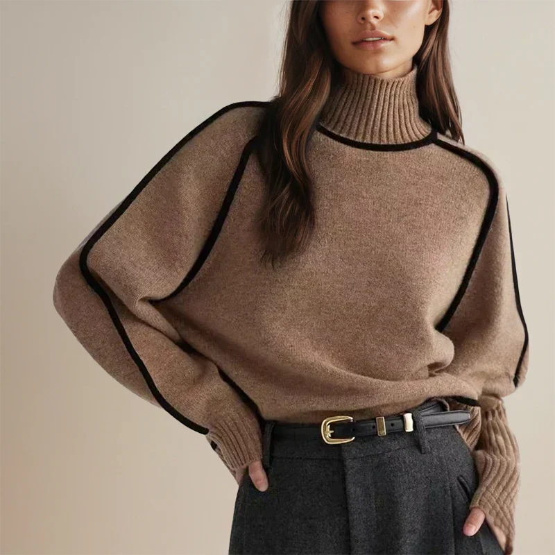 Brown turtleneck sweater with ribbed cuffs and contrast black trim