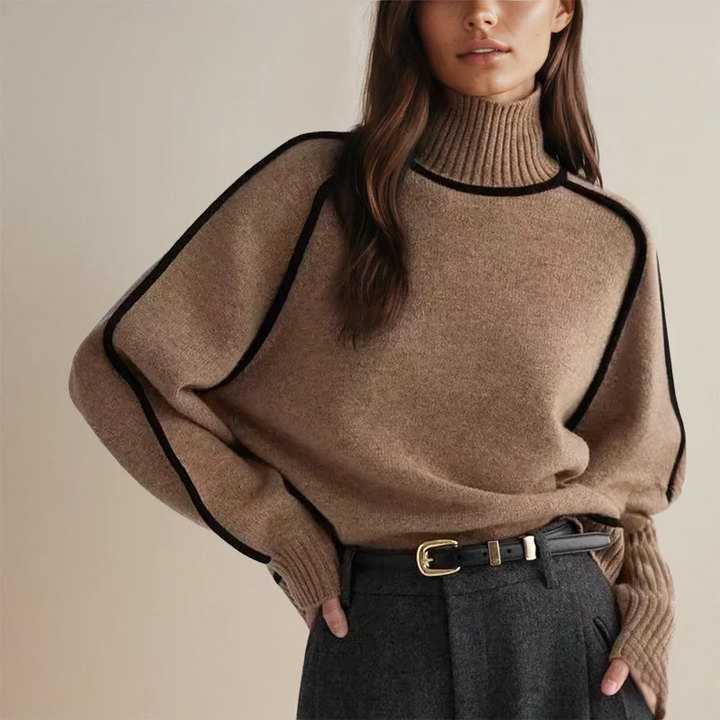 Brown turtleneck sweater with ribbed cuffs and contrast black trim